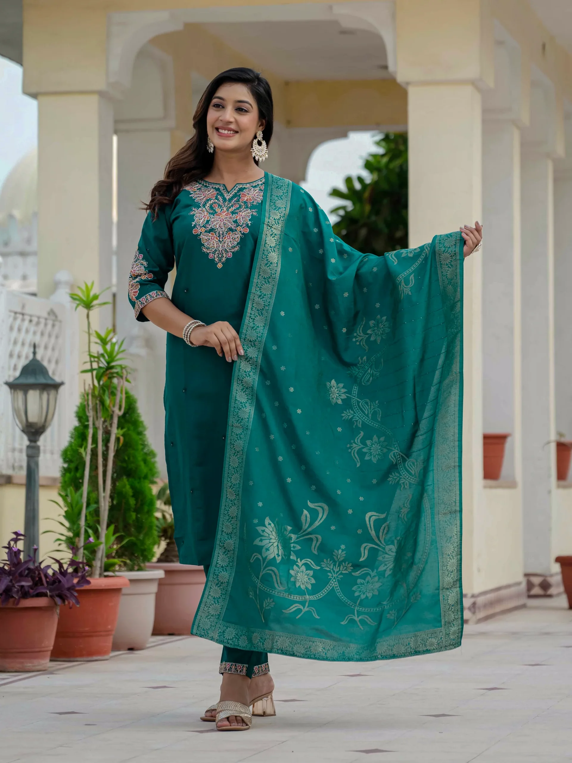 Nice Teal Roman Silk Sequins Work Salwar Suit - Image 8
