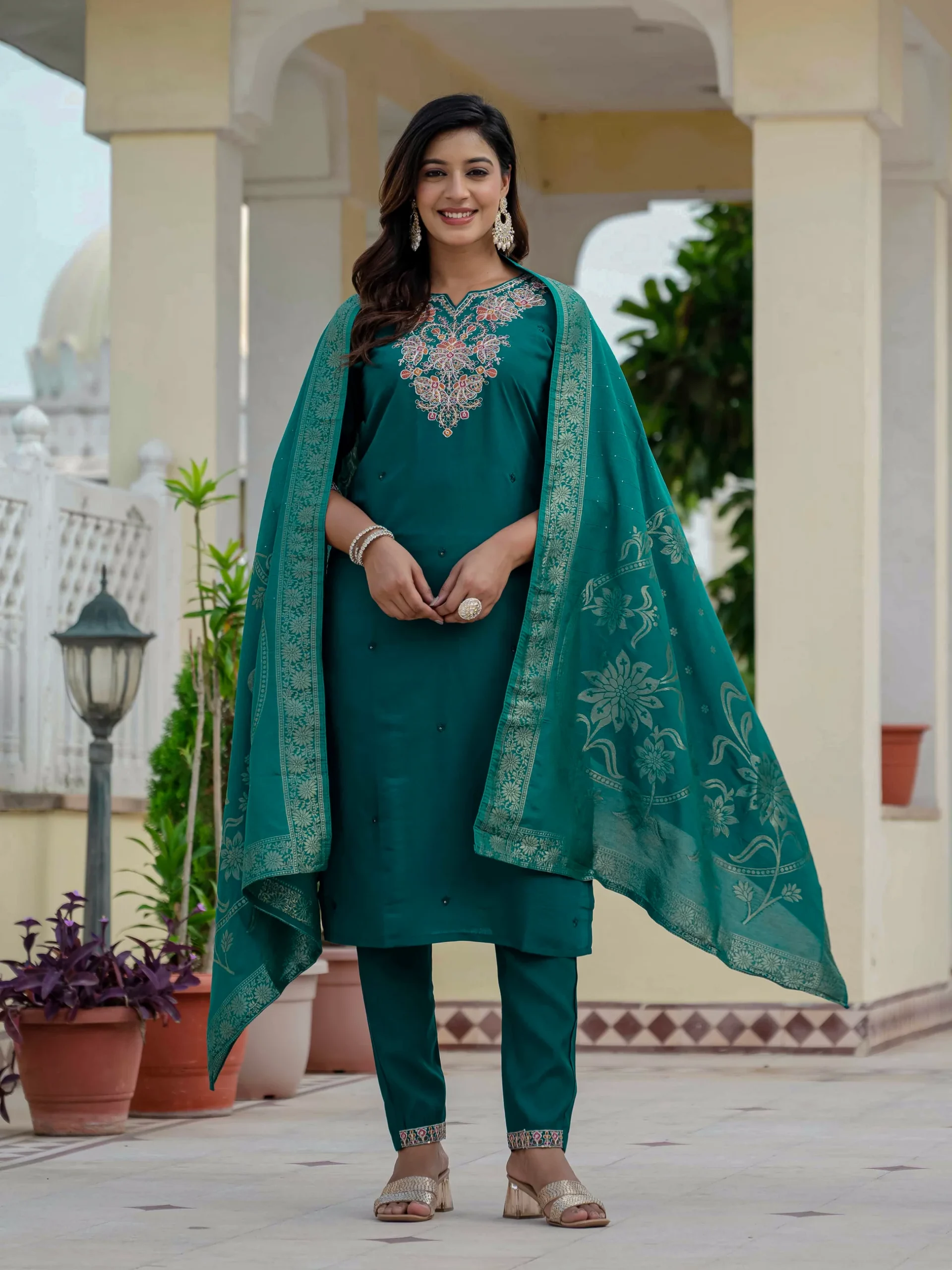 Nice Teal Roman Silk Sequins Work Salwar Suit - Image 4