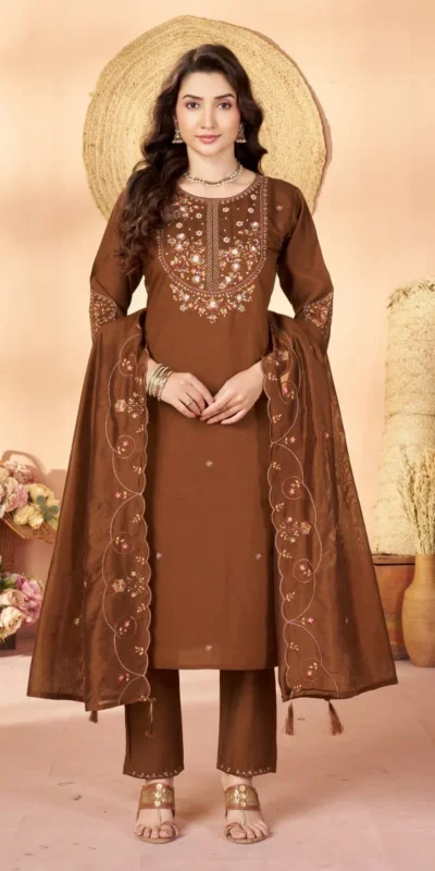 DIVA 177 Brown Thread Embroidery & Embroidery Work Salwar Suit in Brown Marina Silk. Now at just ₹2399. Delivery 4-6 Working Days. Shop now. | Jump Suits, Salwar suit, Designer Suits, Casual Suits, Creative suits, Palazzo Suits, Party Wear Suits, Patiala Suits, Straight Suits