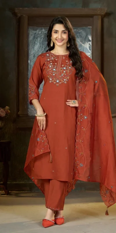 DIVA 177 Rust Thread Embroidery & Embroidery Work Salwar Suit in Brown Marina Silk. Now at just ₹2399. Delivery 4-6 Working Days. Shop now. | Jump Suits, Salwar suit, Designer Suits, Casual Suits, Creative suits, Palazzo Suits, Party Wear Suits, Patiala Suits, Straight Suits