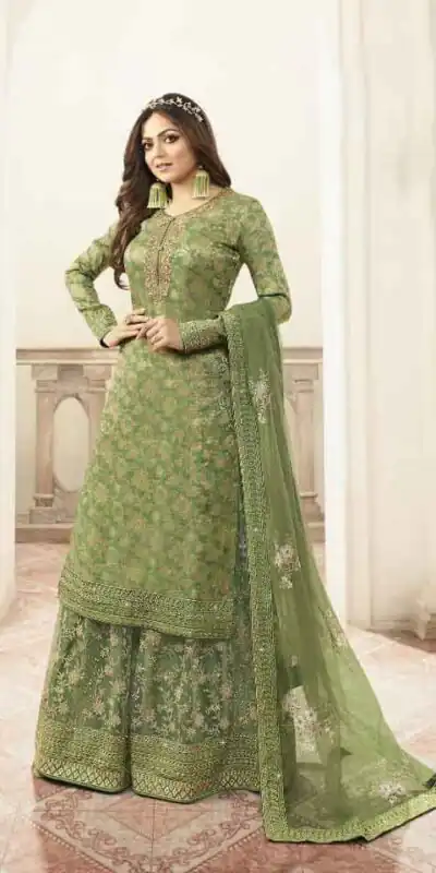 LT 5401 Green Top :- Heavy Jacquard Silk Georgette & Multi Work + Diamond Plazo :- Heavy Net & Multi Work + Diamond Rs 2499/- | Salwar suit, Designer Suits, Casual Suits, Creative suits, Palazzo Suits, Party Wear Suits, Straight Suits
