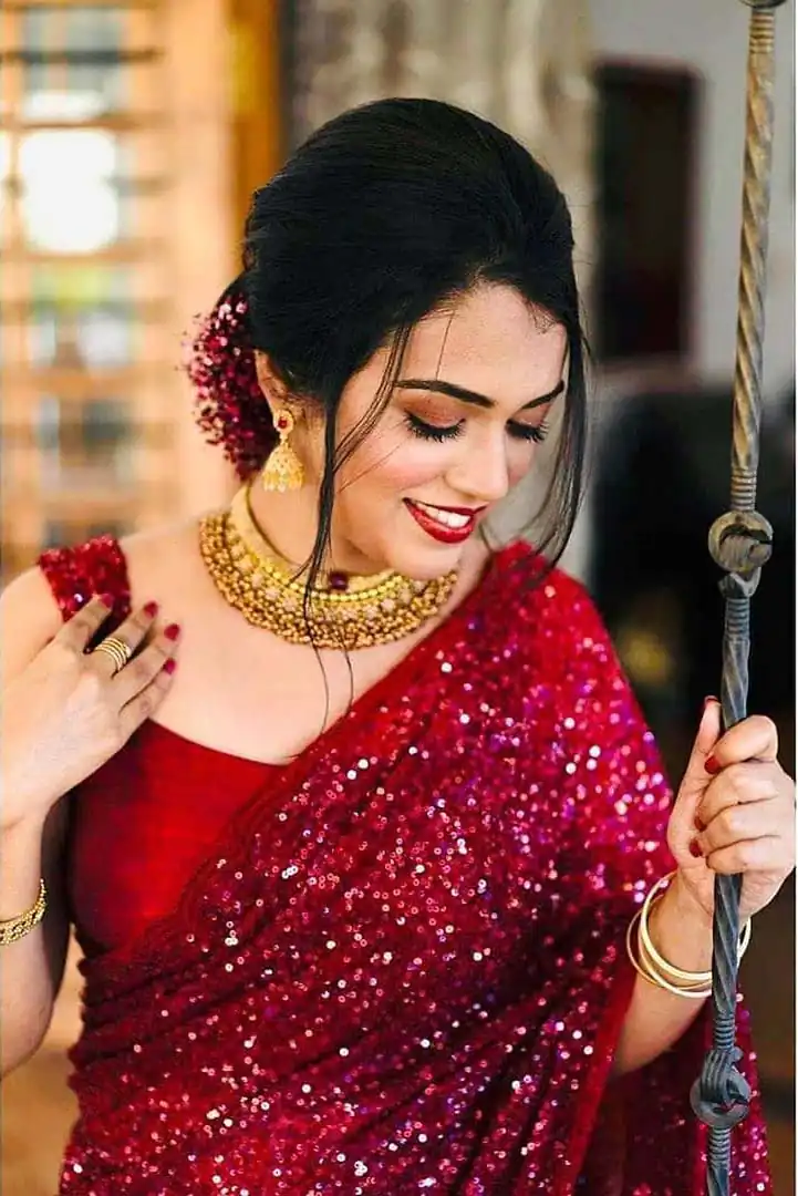 KF 1203 Red Saree Fabrics : Georgette Saree Work : Heavy Sequence Blouse Fabrics : Georgette With Silk Inner Work : Sequence Work Sleeves  | Sarees, Bollywood Sarees, Designer Sarees, Embroidered Sarees, Party Wear Sarees