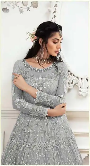 AGF Ramsha R 244 Grey Top :- Heavy Butterfly Net Work :- Embroidery With Multi Work Bottom :- Dull Santoon Wedding, Party, Festive @2249 | Anarkali Suits, Bollywood Anarkali, Creative-Anarkali, Designer Anarkali, Embroidered Anarkali, Party Wear Anarkali