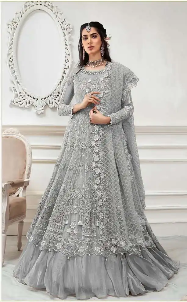 AGF Ramsha R 244 Grey Top :- Heavy Butterfly Net Work :- Embroidery With Multi Work Bottom :- Dull Santoon Wedding, Party, Festive @2249 | Anarkali Suits, Bollywood Anarkali, Creative-Anarkali, Designer Anarkali, Embroidered Anarkali, Party Wear Anarkali