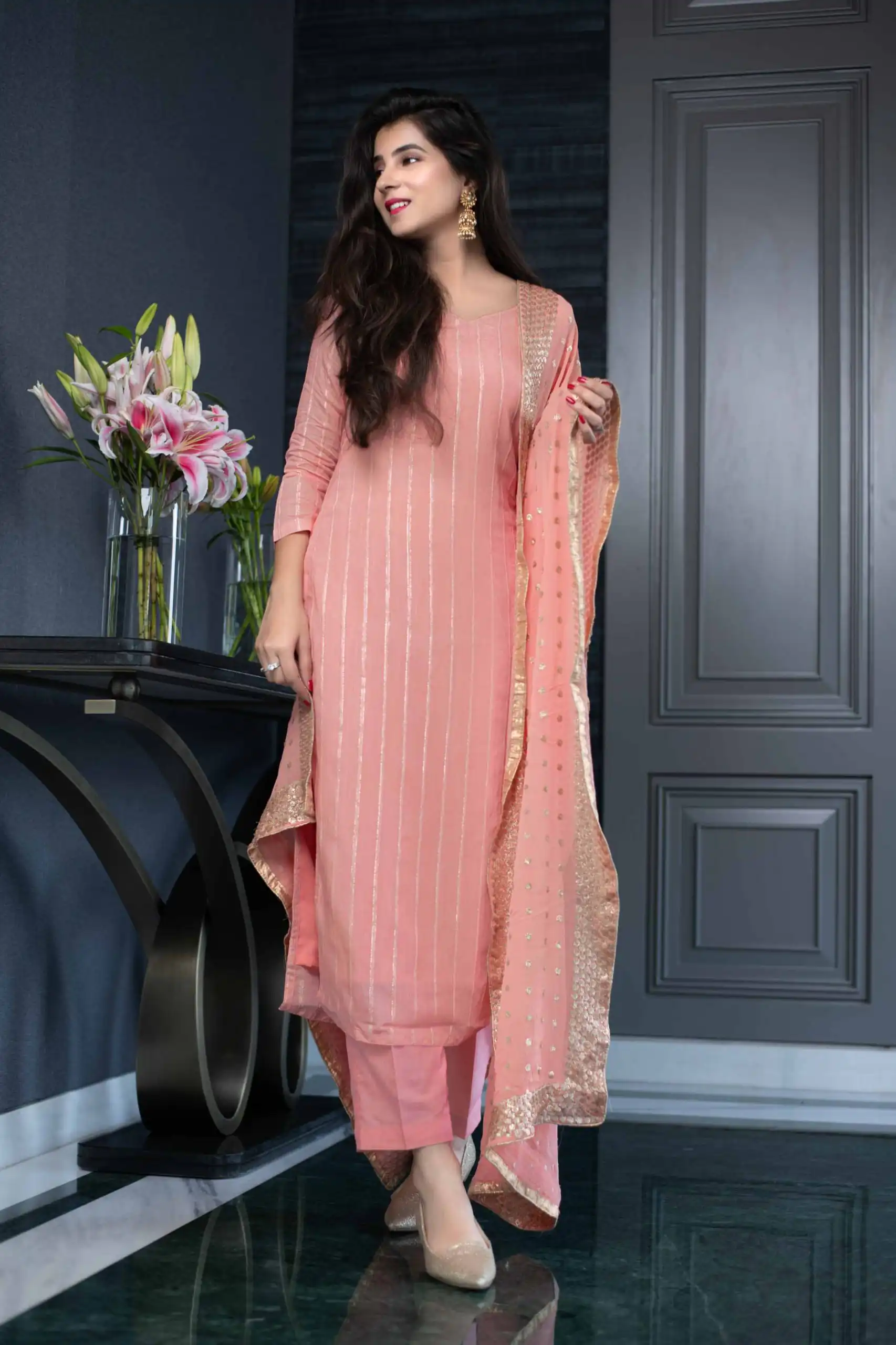 RTC5233 Orange Top: Heavy Georgette Bottom: Crepe Silk Work: Heavy Sequence Dupatta: Heavy Georgette Party, Casual, Wedding @1449 | Salwar suit, Designer Suits, Casual Suits, Creative suits, Palazzo Suits, Party Wear Suits, Straight Suits