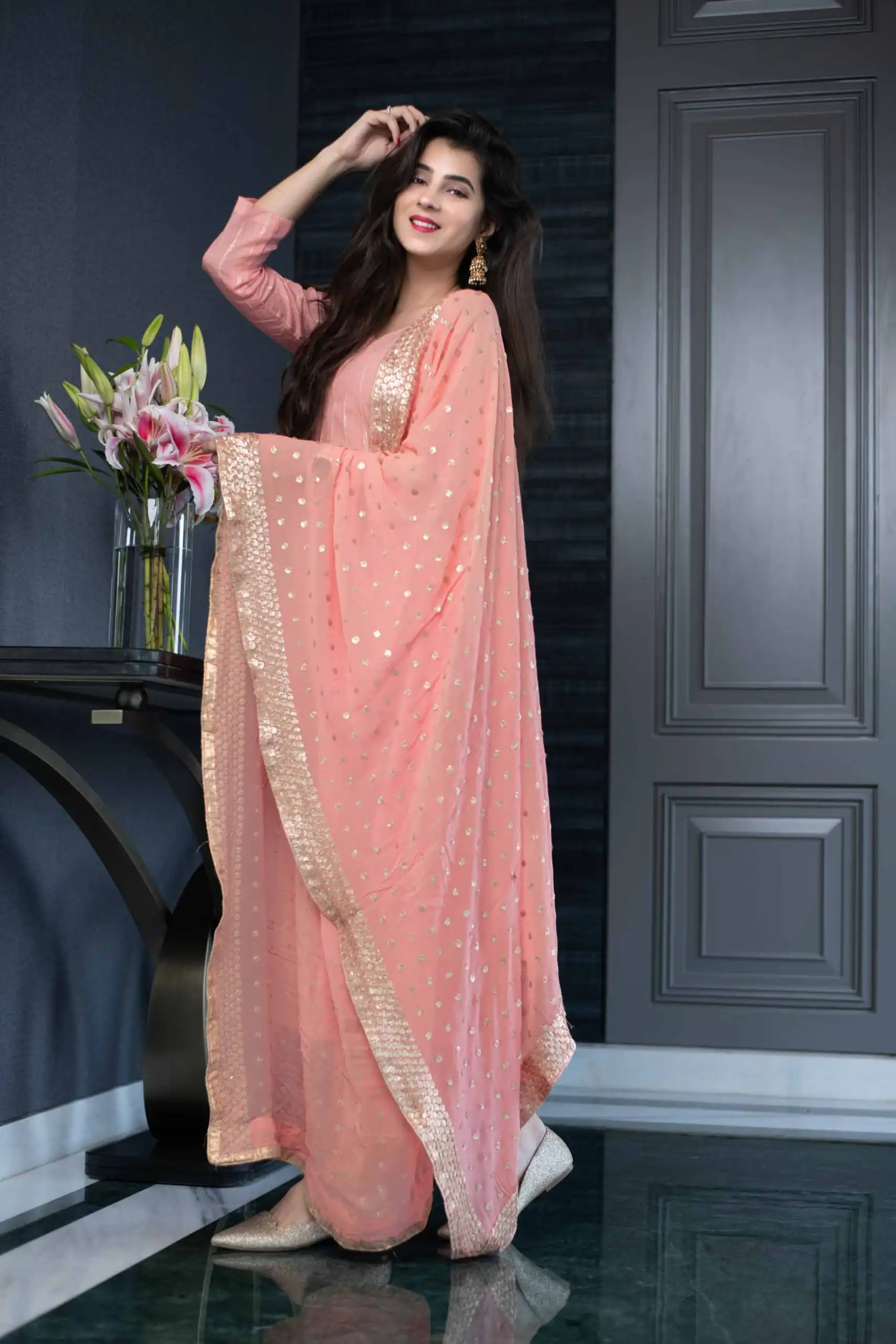 RTC5233 Orange Top: Heavy Georgette Bottom: Crepe Silk Work: Heavy Sequence Dupatta: Heavy Georgette Party, Casual, Wedding @1449 | Salwar suit, Designer Suits, Casual Suits, Creative suits, Palazzo Suits, Party Wear Suits, Straight Suits