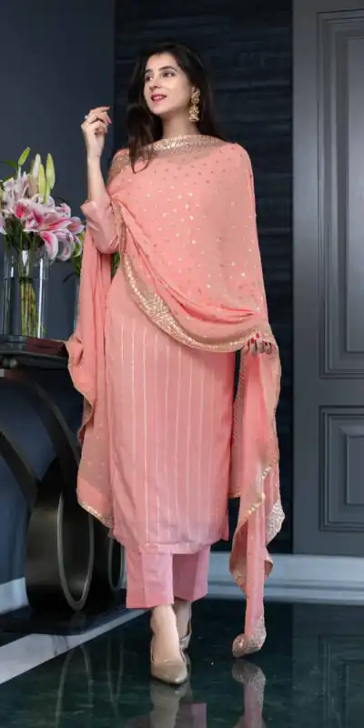 RTC5233 Orange Top: Heavy Georgette Bottom: Crepe Silk Work: Heavy Sequence Dupatta: Heavy Georgette Party, Casual, Wedding @1449 | Salwar suit, Designer Suits, Casual Suits, Creative suits, Palazzo Suits, Party Wear Suits, Straight Suits