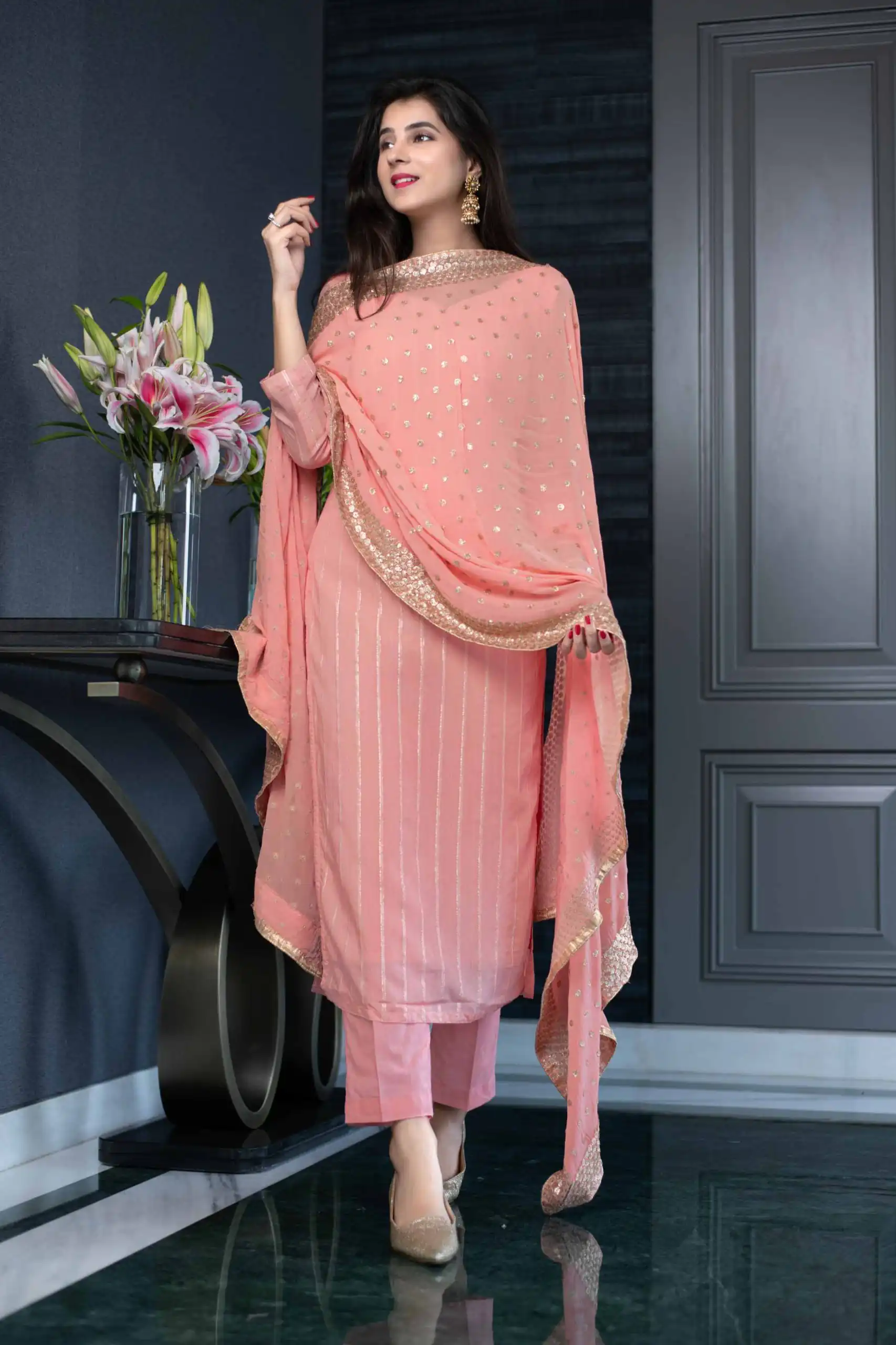 RTC5233 Orange Top: Heavy Georgette Bottom: Crepe Silk Work: Heavy Sequence Dupatta: Heavy Georgette Party, Casual, Wedding @1449 | Salwar suit, Designer Suits, Casual Suits, Creative suits, Palazzo Suits, Party Wear Suits, Straight Suits