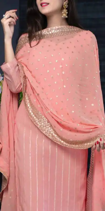 RTC5233 Orange Top: Heavy Georgette Bottom: Crepe Silk Work: Heavy Sequence Dupatta: Heavy Georgette Party, Casual, Wedding @1449 | Salwar suit, Designer Suits, Casual Suits, Creative suits, Palazzo Suits, Party Wear Suits, Straight Suits