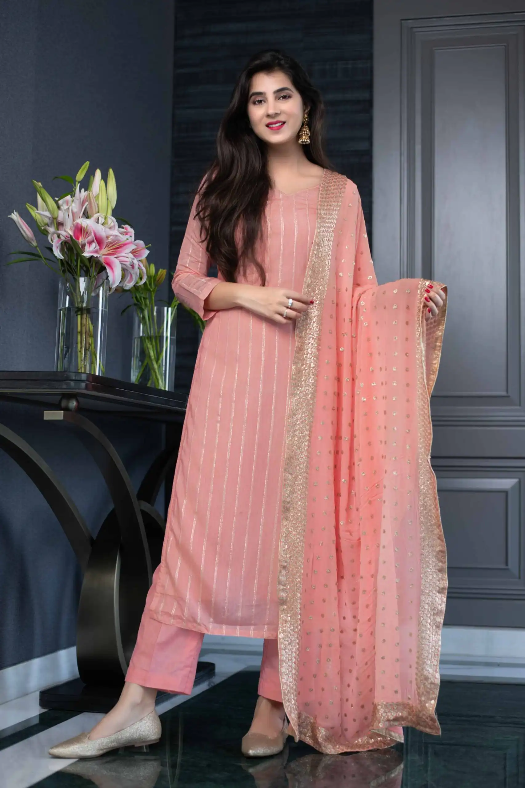 RTC5233 Orange Top: Heavy Georgette Bottom: Crepe Silk Work: Heavy Sequence Dupatta: Heavy Georgette Party, Casual, Wedding @1449 | Salwar suit, Designer Suits, Casual Suits, Creative suits, Palazzo Suits, Party Wear Suits, Straight Suits