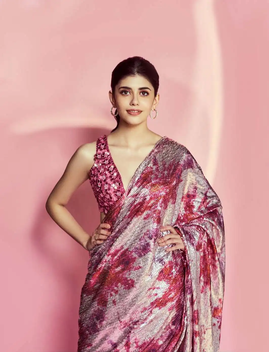 DF3173 Pink Saree : Light Weight Georgette Work : Heavy Digital Print Blouse: Georgette @1499 Sanjana Sanghi Pink Sequence Saree | Sarees, Bollywood Sarees, Creative Sarees, Designer Sarees, Embroidered Sarees, Party Wear Sarees