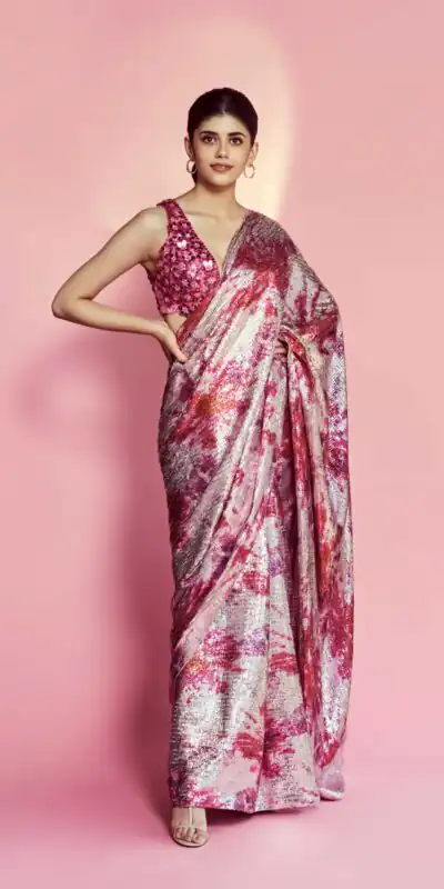 DF3173 Pink Saree : Light Weight Georgette Work : Heavy Digital Print Blouse: Georgette @1499 Sanjana Sanghi Pink Sequence Saree | Sarees, Bollywood Sarees, Creative Sarees, Designer Sarees, Embroidered Sarees, Party Wear Sarees
