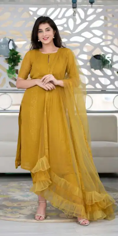 RTCKD 1040 Yellow Top: Heavy Rayon Dupatta: Net Work: Fancy Thread Embroidery Sequence Work Party, Wedding, Festive @1649/- Only | Salwar suit, Designer Suits, Casual Suits, Creative suits, Party Wear Suits, Straight Suits