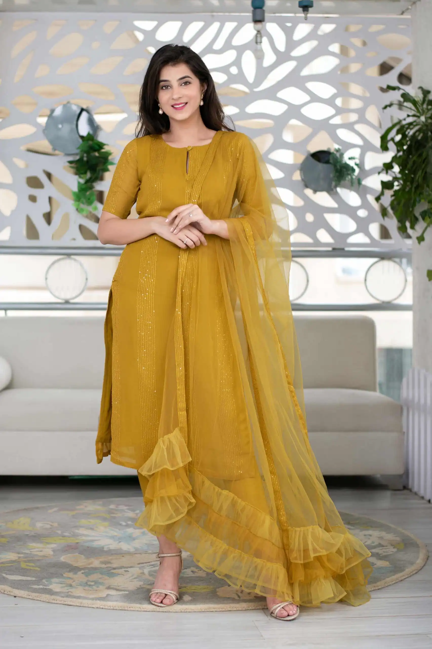 RTCKD 1040 Yellow Top: Heavy Rayon Dupatta: Net Work: Fancy Thread Embroidery Sequence Work Party, Wedding, Festive @1649/- Only | Salwar suit, Designer Suits, Casual Suits, Creative suits, Party Wear Suits, Straight Suits