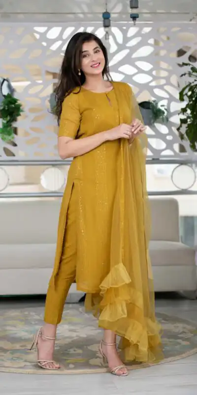 RTCKD 1040 Yellow Top: Heavy Rayon Dupatta: Net Work: Fancy Thread Embroidery Sequence Work Party, Wedding, Festive @1649/- Only | Salwar suit, Designer Suits, Casual Suits, Creative suits, Party Wear Suits, Straight Suits