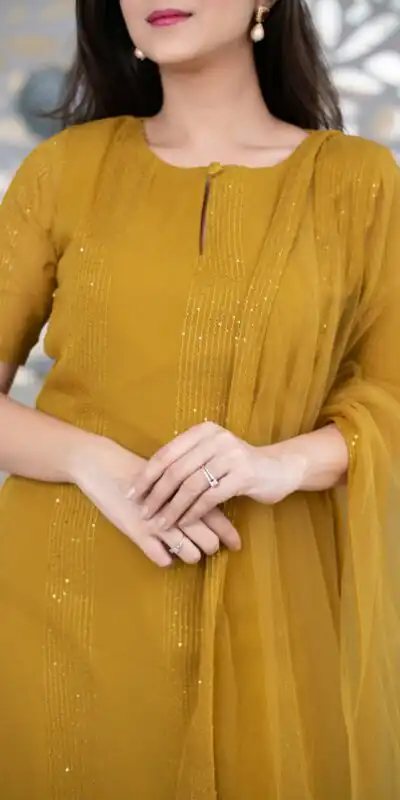 RTCKD 1040 Yellow Top: Heavy Rayon Dupatta: Net Work: Fancy Thread Embroidery Sequence Work Party, Wedding, Festive @1649/- Only | Salwar suit, Designer Suits, Casual Suits, Creative suits, Party Wear Suits, Straight Suits