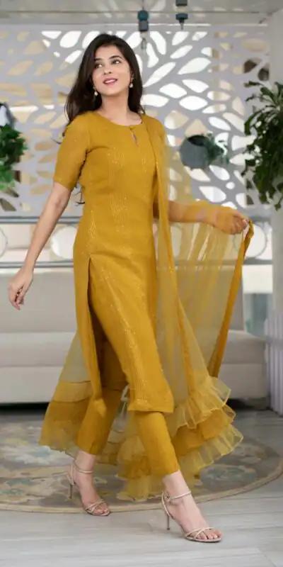 RTCKD 1040 Yellow Top: Heavy Rayon Dupatta: Net Work: Fancy Thread Embroidery Sequence Work Party, Wedding, Festive @1649/- Only | Salwar suit, Designer Suits, Casual Suits, Creative suits, Party Wear Suits, Straight Suits