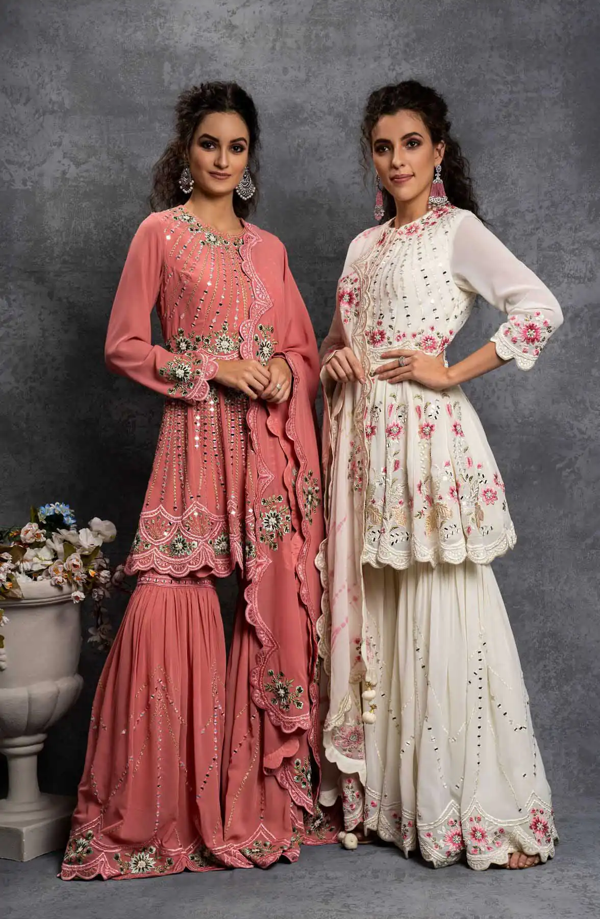 SR 1238 White Top : Heavy Fox Georgette Sharara : Fox Georgette Work : Heavy Embroidery With Real Mirror Work Wedding, Party @1849 Only | Salwar suit, Designer Suits, Casual Suits, Creative suits, Palazzo Suits, Party Wear Suits, Straight Suits