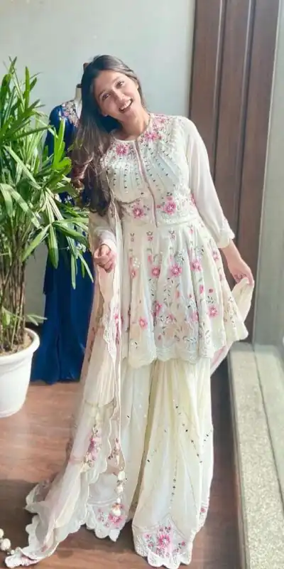 NSR 1238 White Top : Heavy Fox Georgette Sharara : Fox Georgette Work : Heavy Embroidery With Real Mirror Work Wedding, Party @1849 Only | Salwar suit, Designer Suits, Casual Suits, Creative suits, Palazzo Suits, Party Wear Suits, Straight Suits