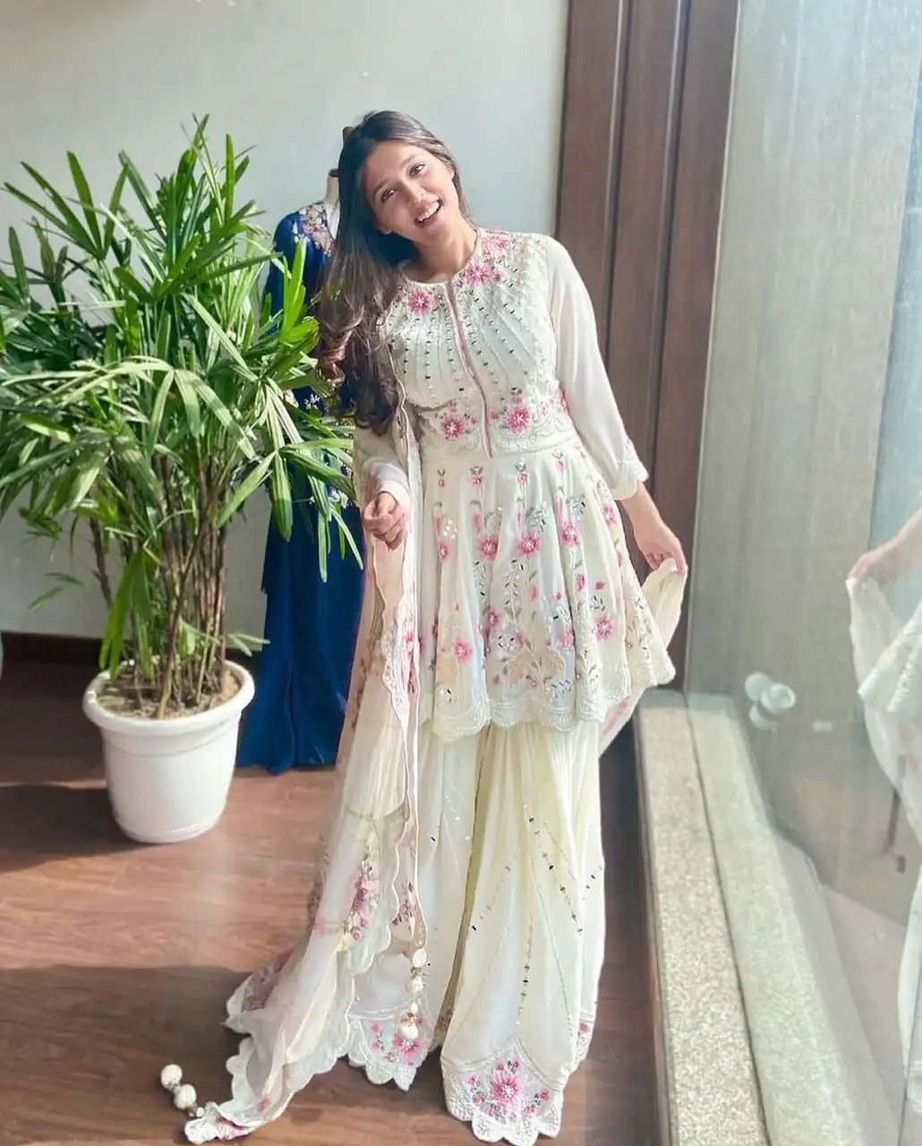 NSR 1238 White Top : Heavy Fox Georgette Sharara : Fox Georgette Work : Heavy Embroidery With Real Mirror Work Wedding, Party @1849 Only | Salwar suit, Designer Suits, Casual Suits, Creative suits, Palazzo Suits, Party Wear Suits, Straight Suits