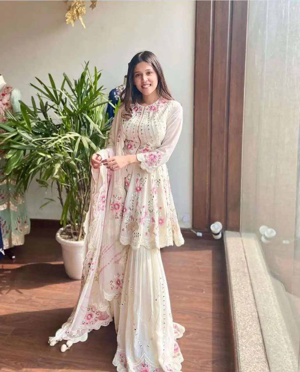NSR 1238 White Top : Heavy Fox Georgette Sharara : Fox Georgette Work : Heavy Embroidery With Real Mirror Work Wedding, Party @1849 Only | Salwar suit, Designer Suits, Casual Suits, Creative suits, Palazzo Suits, Party Wear Suits, Straight Suits