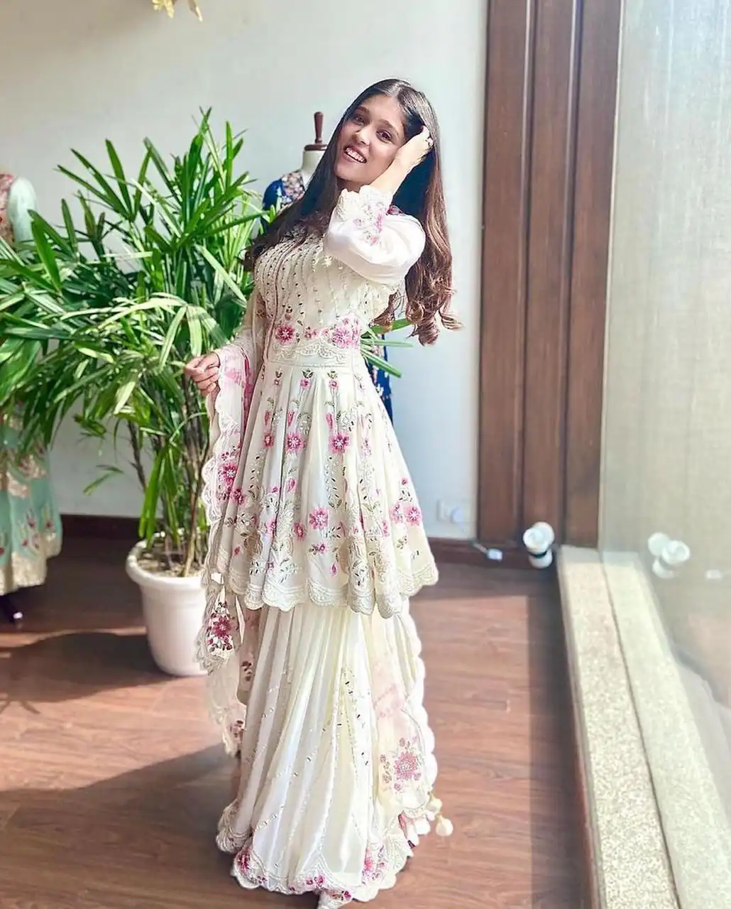 NSR 1238 White Top : Heavy Fox Georgette Sharara : Fox Georgette Work : Heavy Embroidery With Real Mirror Work Wedding, Party @1849 Only | Salwar suit, Designer Suits, Casual Suits, Creative suits, Palazzo Suits, Party Wear Suits, Straight Suits