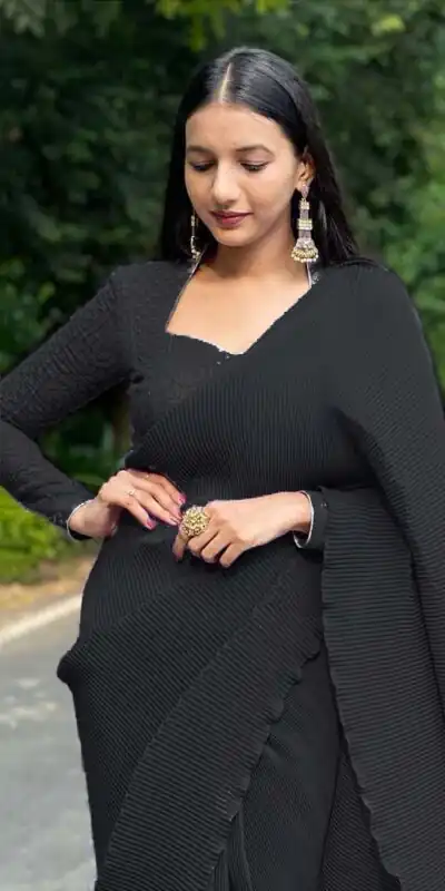 DF Pleated Black Saree : Georgette Work : Pleating Work On All Over Saree Blouse : Heavy Georgette Party Wear, Festive @1799/- | Sarees, Bollywood Sarees, Creative Sarees, Designer Sarees, Embroidered Sarees, Party Wear Sarees