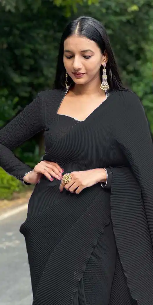 DF Pleated Black Saree : Georgette Work : Pleating Work On All Over Saree Blouse : Heavy Georgette Party Wear, Festive @1799/- | Sarees, Bollywood Sarees, Creative Sarees, Designer Sarees, Embroidered Sarees, Party Wear Sarees