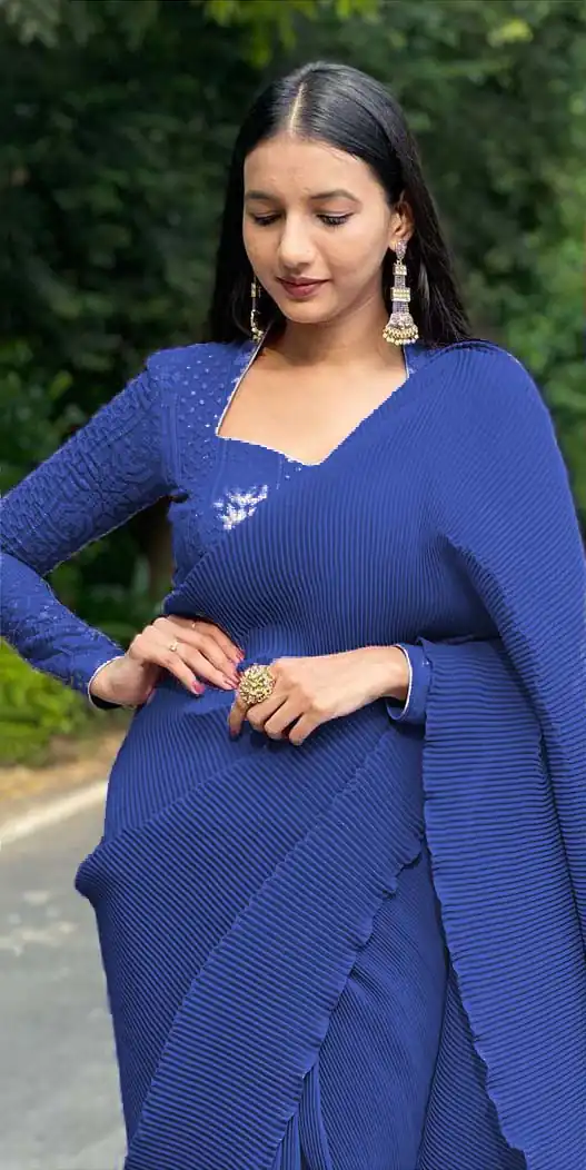 DF Pleated Blue Saree : Georgette Work : Pleating Work On All Over Saree Blouse : Heavy Georgette Party Wear, Festive @1799/- | Sarees, Bollywood Sarees, Creative Sarees, Designer Sarees, Embroidered Sarees, Party Wear Sarees