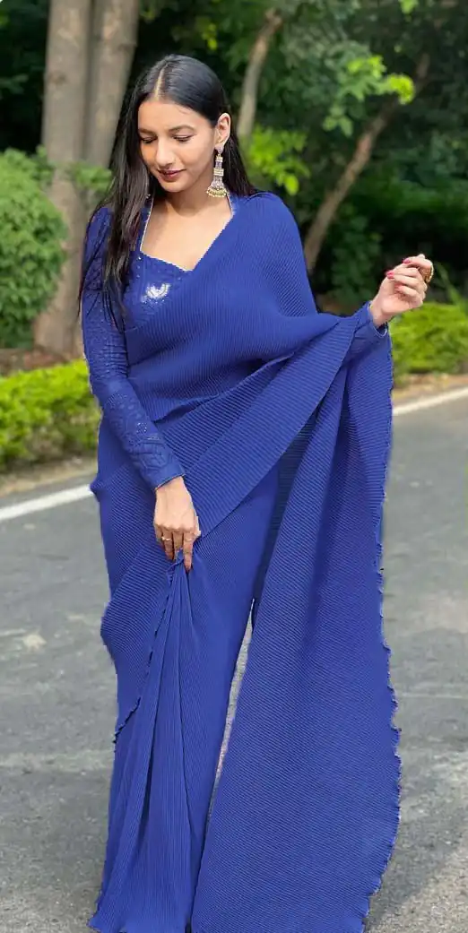 DF Pleated Blue Saree : Georgette Work : Pleating Work On All Over Saree Blouse : Heavy Georgette Party Wear, Festive @1799/- | Sarees, Bollywood Sarees, Creative Sarees, Designer Sarees, Embroidered Sarees, Party Wear Sarees
