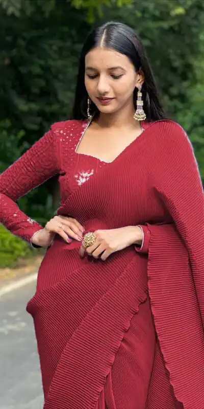 DF Pleated Maroon Saree : Georgette Work : Pleating Work On All Over Saree Blouse : Heavy Georgette Party Wear, Festive @1799/- | Sarees, Bollywood Sarees, Creative Sarees, Designer Sarees, Embroidered Sarees, Party Wear Sarees