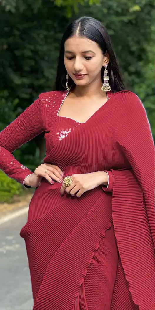 DF Pleated Maroon Saree : Georgette Work : Pleating Work On All Over Saree Blouse : Heavy Georgette Party Wear, Festive @1799/- | Sarees, Bollywood Sarees, Creative Sarees, Designer Sarees, Embroidered Sarees, Party Wear Sarees
