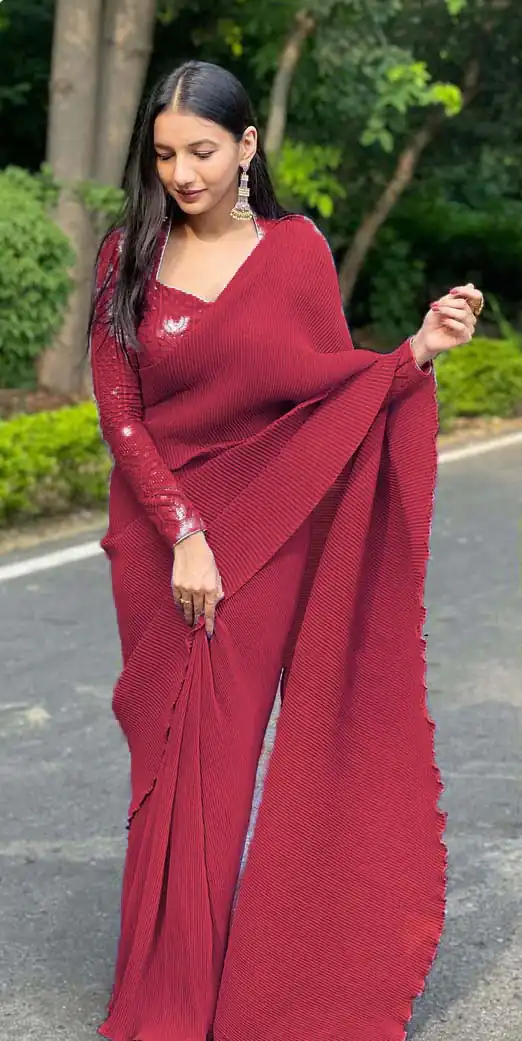 DF Pleated Maroon Saree : Georgette Work : Pleating Work On All Over Saree Blouse : Heavy Georgette Party Wear, Festive @1799/- | Sarees, Bollywood Sarees, Creative Sarees, Designer Sarees, Embroidered Sarees, Party Wear Sarees