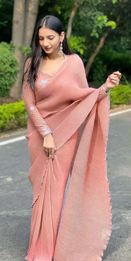 DF Pleated Orange Saree : Georgette Work : Pleating Work On All Over Saree Blouse : Heavy Georgette Party Wear, Festive @1799/- | Sarees, Bollywood Sarees, Creative Sarees, Designer Sarees, Embroidered Sarees, Party Wear Sarees