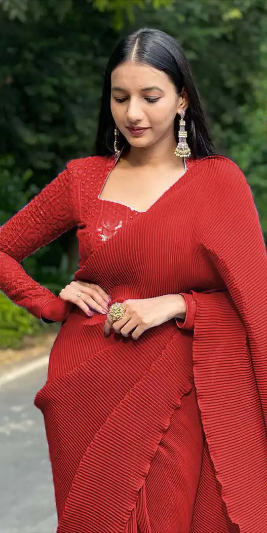 DF Pleated Red Saree : Georgette Work : Pleating Work On All Over Saree Blouse : Heavy Georgette Party Wear, Festive @1799/- | Sarees, Bollywood Sarees, Creative Sarees, Designer Sarees, Embroidered Sarees, Party Wear Sarees