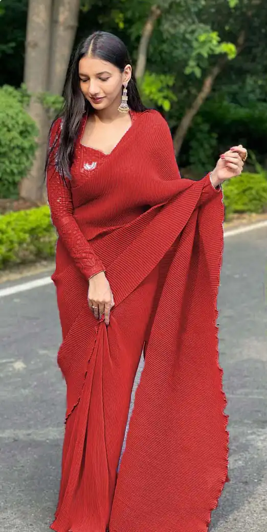 DF Pleated Red Saree : Georgette Work : Pleating Work On All Over Saree Blouse : Heavy Georgette Party Wear, Festive @1799/- | Sarees, Bollywood Sarees, Creative Sarees, Designer Sarees, Embroidered Sarees, Party Wear Sarees