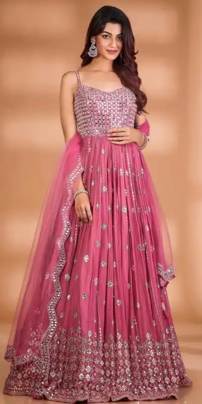 RTC 5416 Pink Gown : Georgette Dupatta : Butterfly Net Work : Embroidery With Heavy Sequence Work Wedding, Party, Festive @1999/- | Gowns, Bollywood Gowns, Creative Gowns, Designer Gowns, Embroidered Gowns, Party Wear Gowns