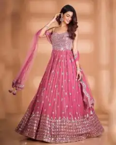 RTC 5416 Pink Gown : Georgette Dupatta : Butterfly Net Work : Embroidery With Heavy Sequence Work Wedding, Party, Festive @1999/- | Gowns, Bollywood Gowns, Creative Gowns, Designer Gowns, Embroidered Gowns, Party Wear Gowns