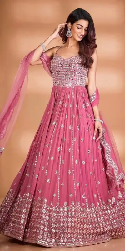 RTC 5416 Pink Gown : Georgette Dupatta : Butterfly Net Work : Embroidery With Heavy Sequence Work Wedding, Party, Festive @1999/- | Gowns, Bollywood Gowns, Creative Gowns, Designer Gowns, Embroidered Gowns, Party Wear Gowns
