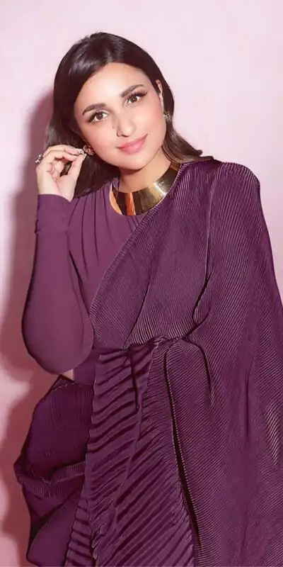 BT 1083 Purple Saree : Premium Chinon Silk Work : Dazzling Pleating Work Casual, Party Wear, Wedding Parineeti Chopra Pleated Saree @1499/- | Sarees, Bollywood Sarees, Creative Sarees, Designer Sarees, Embroidered Sarees, Party Wear Sarees