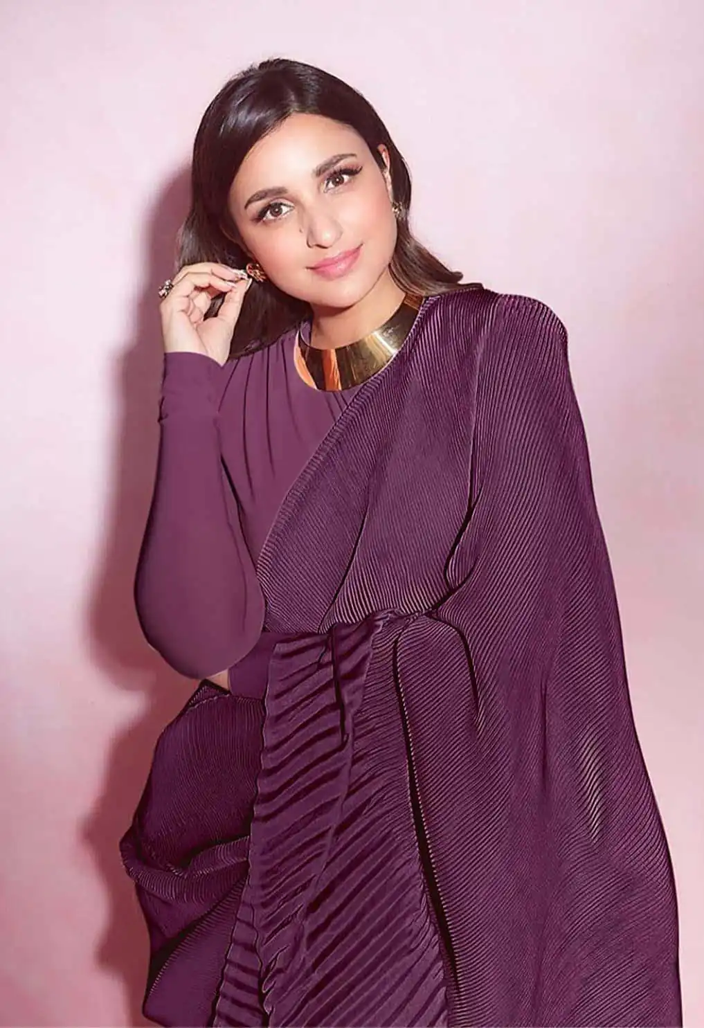 BT 1083 Purple Saree : Premium Chinon Silk Work : Dazzling Pleating Work Casual, Party Wear, Wedding Parineeti Chopra Pleated Saree @1499/- | Sarees, Bollywood Sarees, Creative Sarees, Designer Sarees, Embroidered Sarees, Party Wear Sarees