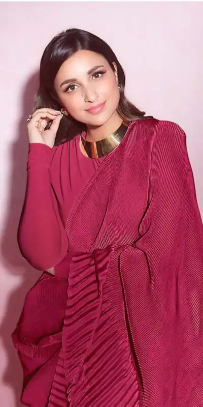 BT 1083 Red Saree : Premium Chinon Silk Work : Pleating Work Casual, Party Wear, Wedding Parineeti Chopra Pleated Saree @1499/- | Sarees, Bollywood Sarees, Creative Sarees, Designer Sarees, Embroidered Sarees, Party Wear Sarees