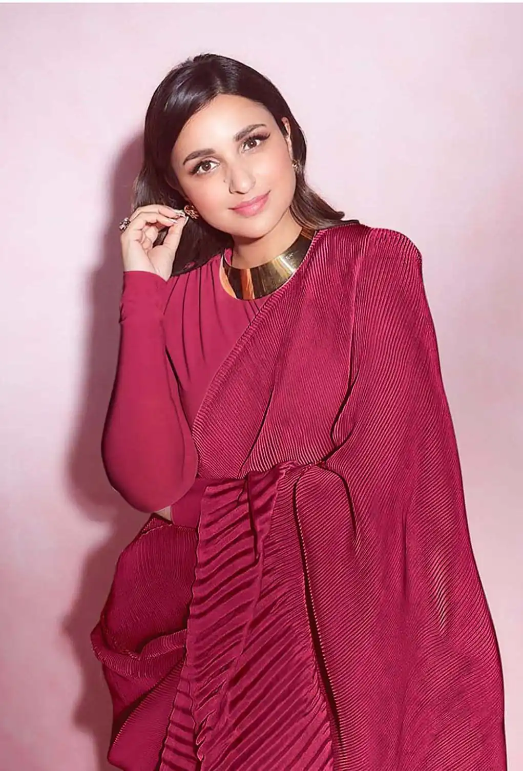 BT 1083 Red Saree : Premium Chinon Silk Work : Pleating Work Casual, Party Wear, Wedding Parineeti Chopra Pleated Saree @1499/- | Sarees, Bollywood Sarees, Creative Sarees, Designer Sarees, Embroidered Sarees, Party Wear Sarees