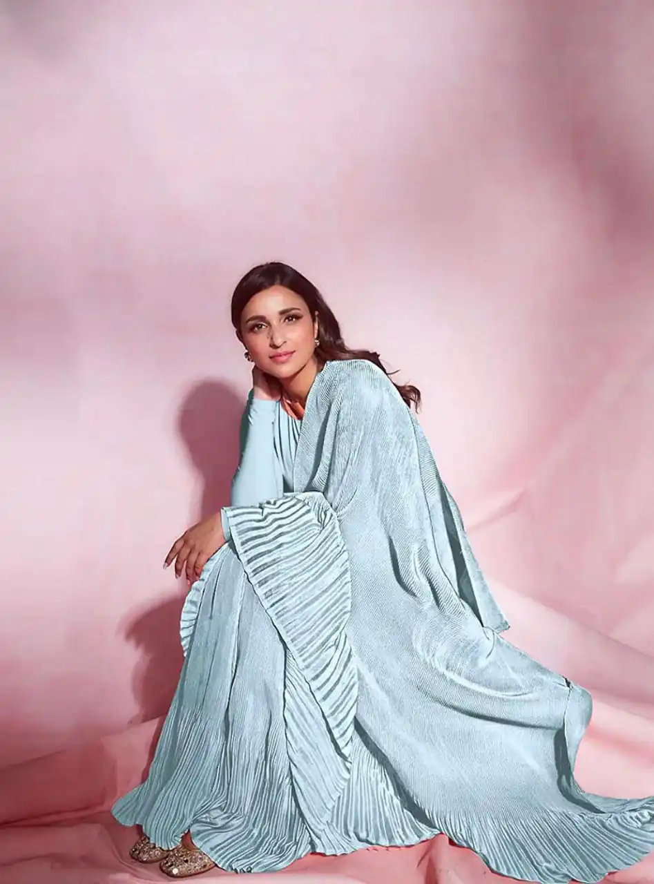BT 1083 Sky Blue Saree : Premium Chinon Silk Work : Dazzling Pleating Work Casual, Party Wear, Wedding Parineeti Chopra Pleated Saree @1499/- | Sarees, Bollywood Sarees, Creative Sarees, Designer Sarees, Embroidered Sarees, Party Wear Sarees