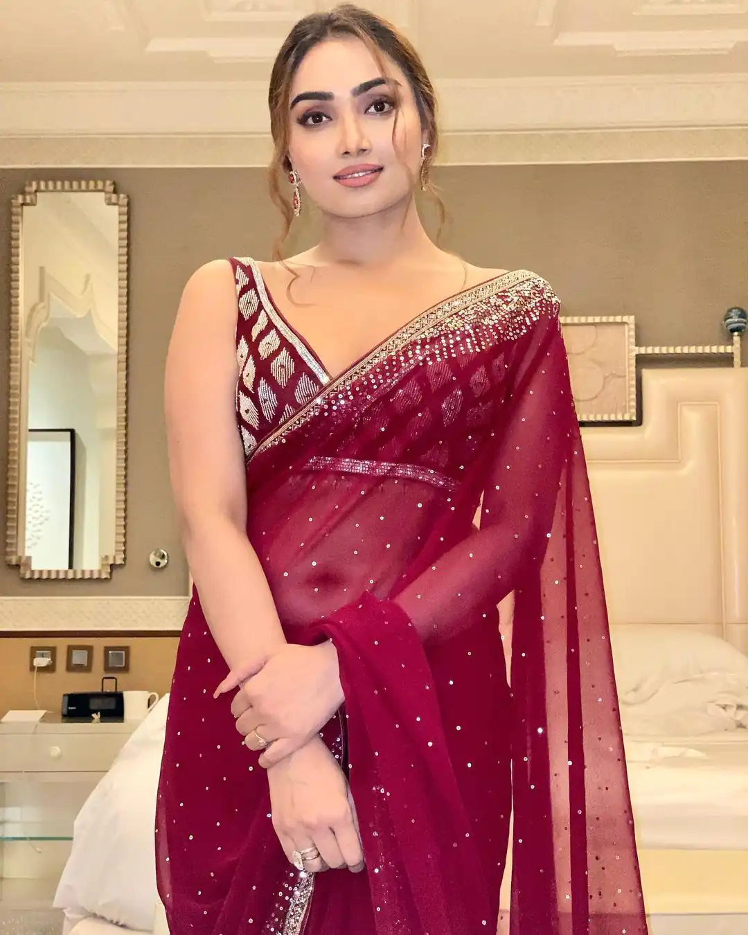 BT 3054 Maroon Saree : Georgette Work : Embroidery Sequence Work, Blouse : Banglory Silk Party Wear, Wedding Wear, Events Etc.@1749/- | Sarees, Bollywood Sarees, Creative Sarees, Designer Sarees, Ethnic Saree, Modern Digital sarees, Party Wear Sarees