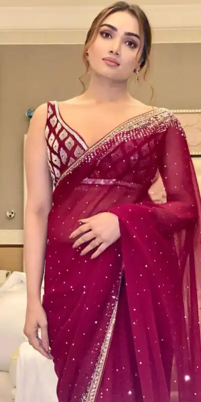 BT 3054 Maroon Saree : Georgette Work : Embroidery Sequence Work, Blouse : Banglory Silk Party Wear, Wedding Wear, Events Etc.@1749/- | Sarees, Bollywood Sarees, Creative Sarees, Designer Sarees, Ethnic Saree, Modern Digital sarees, Party Wear Sarees