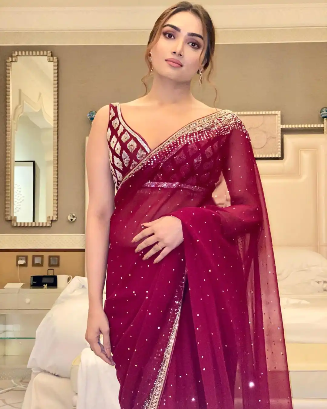 BT 3054 Maroon Saree : Georgette Work : Embroidery Sequence Work, Blouse : Banglory Silk Party Wear, Wedding Wear, Events Etc.@1749/- | Sarees, Bollywood Sarees, Creative Sarees, Designer Sarees, Ethnic Saree, Modern Digital sarees, Party Wear Sarees