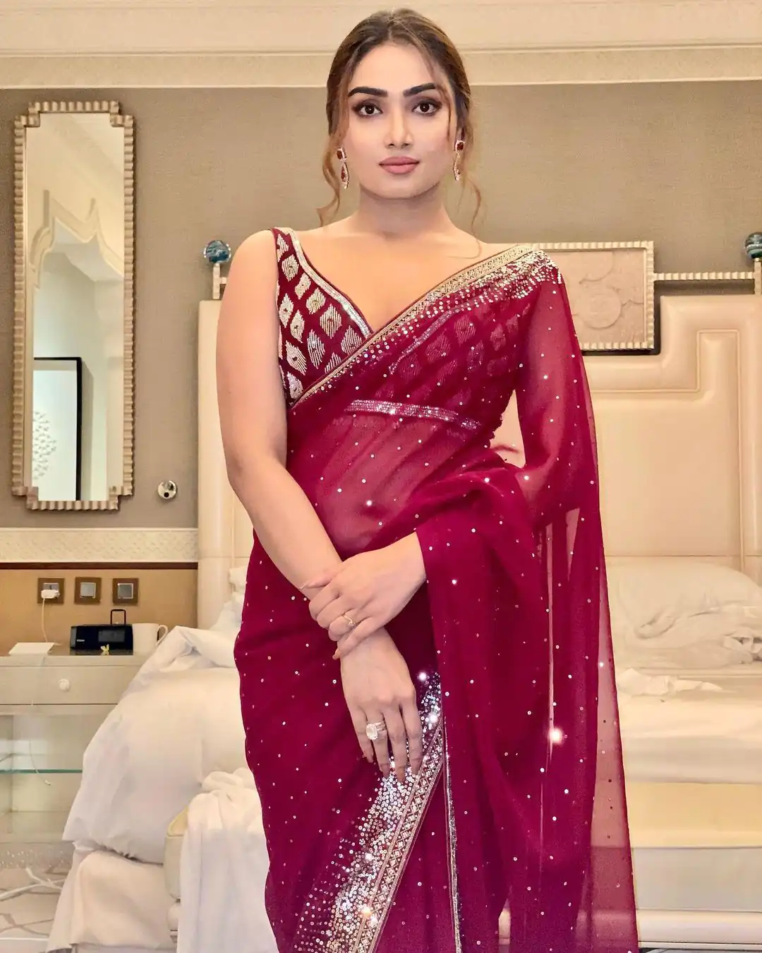 BT 3054 Maroon Saree : Georgette Work : Embroidery Sequence Work, Blouse : Banglory Silk Party Wear, Wedding Wear, Events Etc.@1749/- | Sarees, Bollywood Sarees, Creative Sarees, Designer Sarees, Ethnic Saree, Modern Digital sarees, Party Wear Sarees