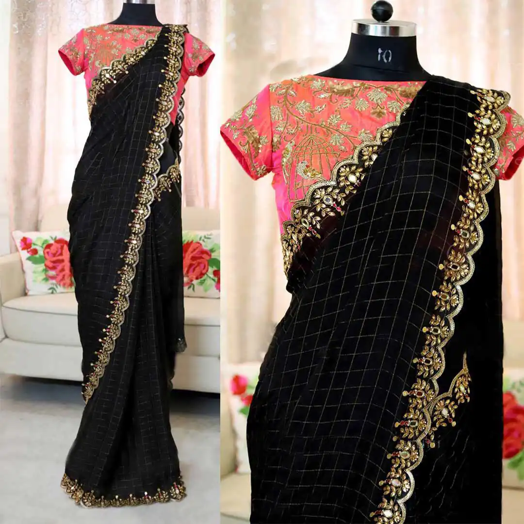 JR BLACK CHEXColor:  BlackFabrics: Chanderi Cotton Chex Blouse Fabrics: Sana Silk With beautiful Figure Work Work: Fancy Embroidery Work With Pearl Work | Boutique Collection, Saree Materials, Sarees, Bollywood Sarees, Designer Sarees, Embroidered Sarees, Party Wear Sarees