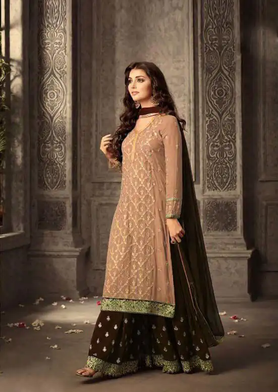 MOHINI 47001 PEACH-BRWON Color: Peach-Brown Fabrics:  Top :- Faux Georgette Embroidery And Stone Work Dupatta:- Nazmin Embroidery Work Lace | Salwar suit, Designer Suits, Casual Suits, Creative suits, Palazzo Suits, Party Wear Suits, Straight Suits